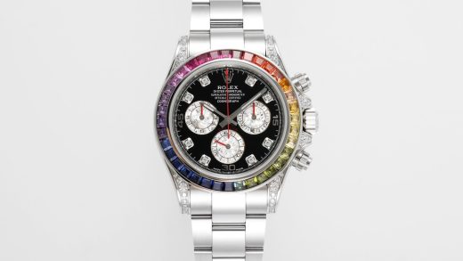 2026011216205634 520x293 - ZF工藝與優雅的巔峰之作 勞力士迪通拿中的皇者--彩虹圈迪通拿系列高仿表